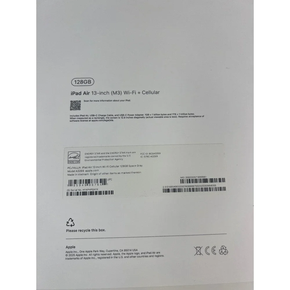 Apple iPad Air 13 Inch M3 128GB Model A3269 EMPTY BOX ONLY Space Gray
